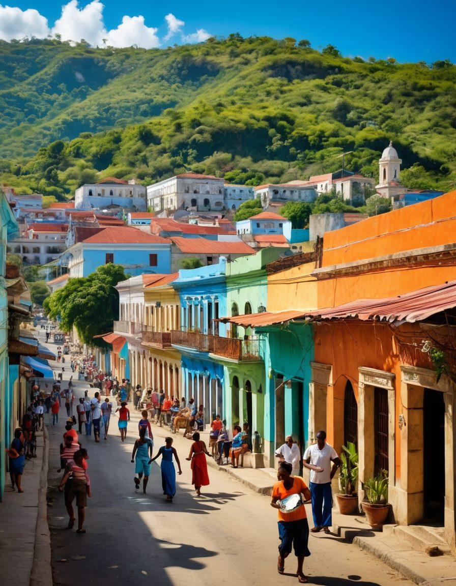 A vibrant street scene in Santiago de Cuba, showcasing traditional colorful buildings, local musicians playing lively Cuban music, and people enjoying delicious street food at bustling food stalls. In the backdrop, lush green hills and a bright blue sky enhance the cheerful atmosphere. The image should convey a sense of joy and cultural richness. vibrant colors. super-realistic.