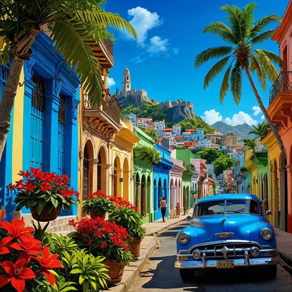 A breathtaking view of Santiago de Cuba featuring vibrant tropical landscapes, historical colonial architecture, and the shimmering coastline under a bright blue sky. Include lush greenery, colorful flowers, and iconic landmarks like the Castillo del Morro in the background. Capture the essence of the vibrant culture with lively street scenes filled with locals. bright colors. super-realistic. 3D.