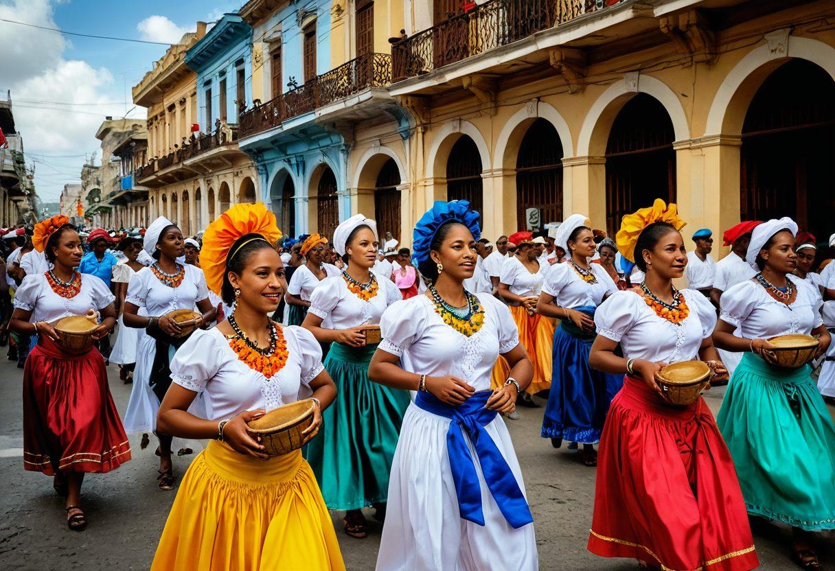 A lively street scene in Santiago de Cuba during a colorful festival, filled with vibrant decorations, local dancers in traditional attire, and joyful crowds celebrating. Include elements like music instruments, food stalls with local cuisine, and the iconic architecture of Santiago in the background. The sky is bright and sunny, radiating a cheerful vibe. vibrant colors. super-realistic.